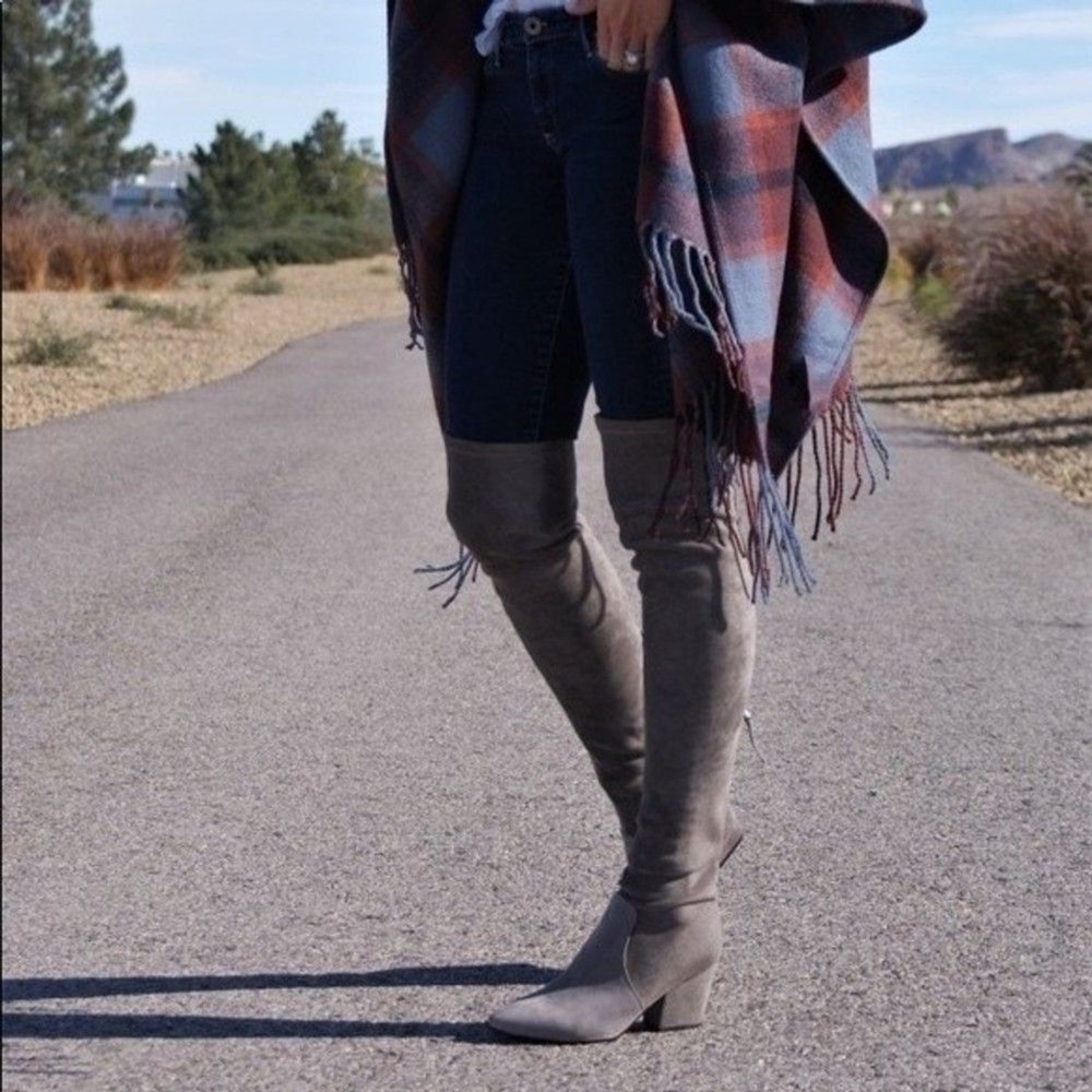 NEW Soft Surrounds Checkmate Poncho Blue Rust Plaid Fringed Wrap One Size - Picture 5 of 11